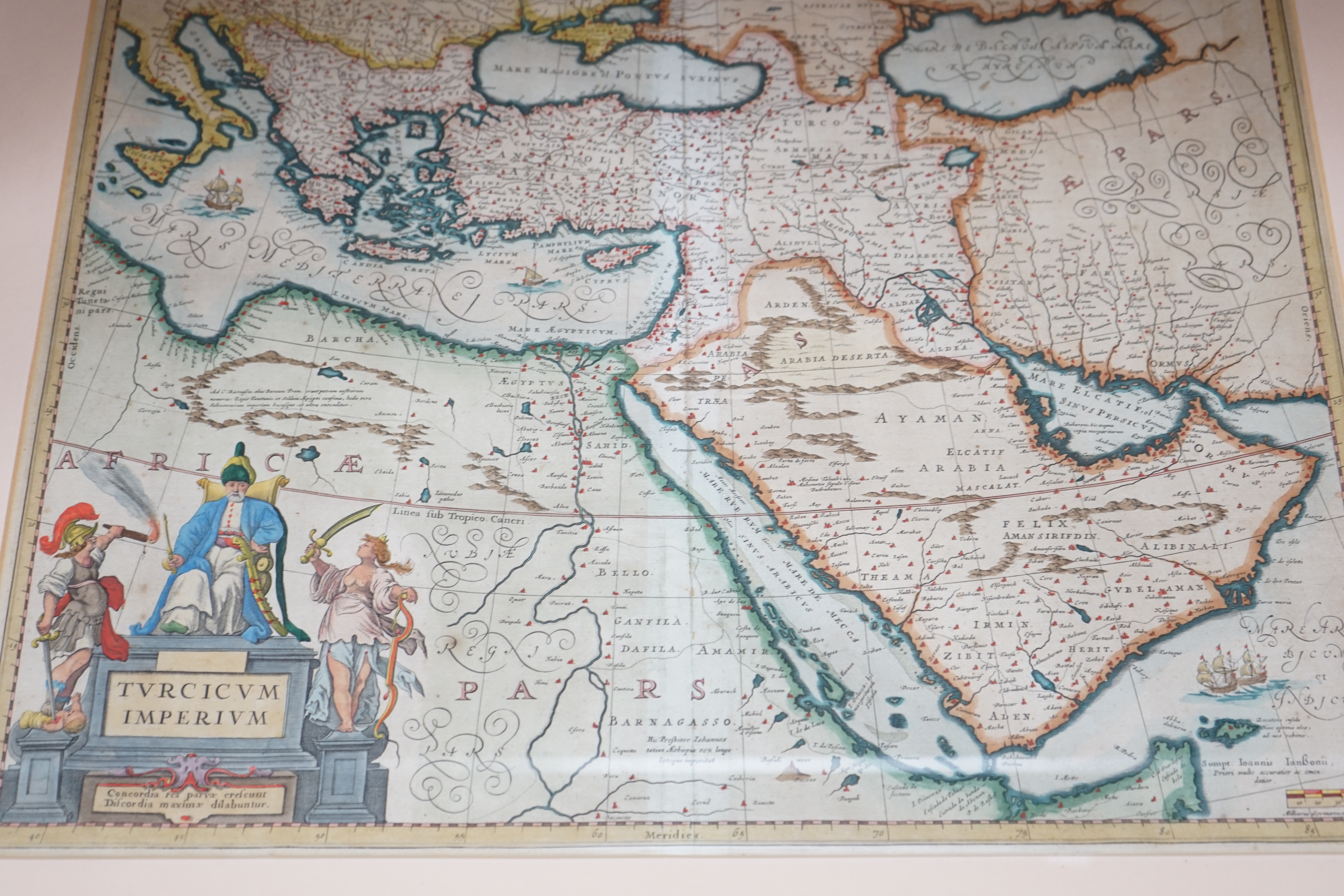 After Jan Jansson (1588-1664), hand coloured engraved map of The Turkish Empire, 41 x 52cm. Condition - fair, crease to centre, some browning and light foxing